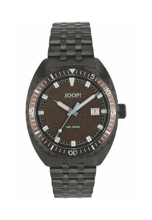 Black metal wristwatch with brown dial, silver hour markers, date display at 3 o'clock, and water resistance up to 100 meters.