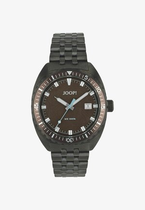 Schwarze Metallarmbanduhr mit braunem Zifferblatt, silbernen Stundenmarkierungen, Datumsanzeige bei 3 Uhr und Wasserdichte bis 100 Meter.