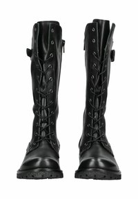 Bottes noires en cuir montantes avec un laçage à l'avant, des œillets en métal argenté, des fermetures éclair latérales et des semelles en caoutchouc texturé. Fini lisse avec des accents minimaux.