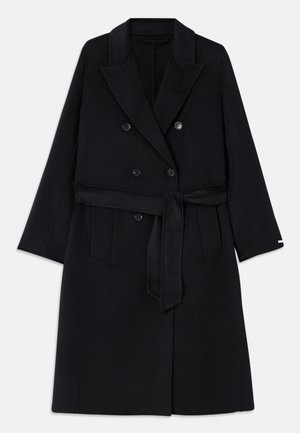 Black wool-blend coat with a double-breasted design, large lapels, and a fabric belt. Features two front pockets and a smooth texture.