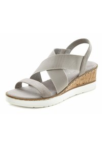 Gray wedge sandal with cross straps, soft suede upper, cork-like midsole, and white rubber outsole. Open heel design for breathability.