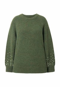 Maglione verde lavorato a maglia con scollo rotondo, dotato di maniche lunghe decorate con dettagli in perle vicino ai polsini. Texture morbida, vestibilità comoda.