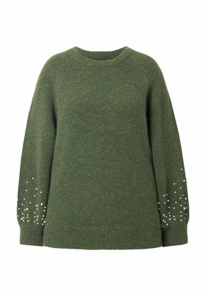 Grøn strikket sweater med rund hals, der har lange ærmer prydet med perle accenter nær manchetterne. Blød tekstur, afslappet pasform.