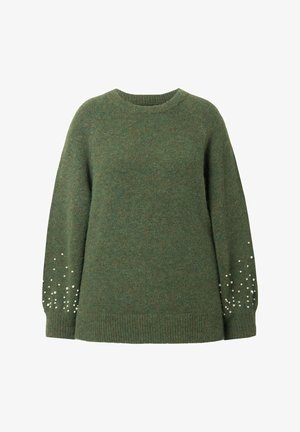 Groene gebreide trui met een ronde halslijn, voorzien van lange mouwen versierd met parelaccenten nabij de manchetten. Zachte textuur, ontspannen pasvorm.