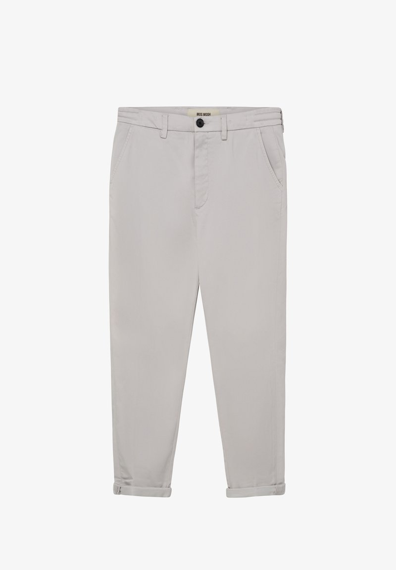 Lysgrå chinos lavet af bomuld, med knaplukning, bæltestropper og rullede manchetter, samt sidelommer for funktionalitet.