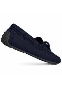 Navyblaue Stoffmokassins mit strukturierter Oberfläche, Schnürdetails und Gummisohle mit kleinen runden Griffen für besseren Halt.
