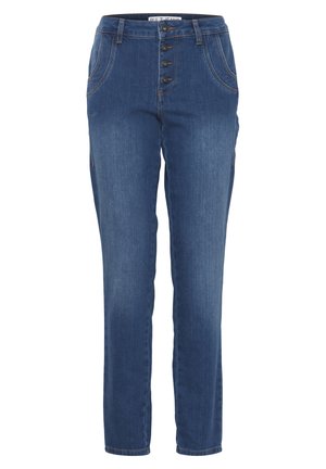 Indigo-Denim-Jeans mit geradem Bein, hoher Taille, Fünf-Knopf-Verschluss und sichtbaren Nähakzenten, ausgestattet mit seitlichen Taschen.