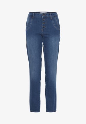 Jean en denim indigo avec une coupe droite, taille haute, fermeture à cinq boutons et accents de couture visibles, dotés de poches latérales.
