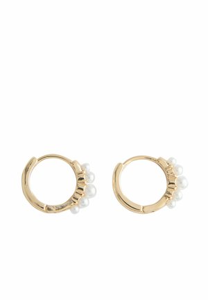 Gold hoop earrings each adorned with five small white pearls clustered on one side, against a white background.