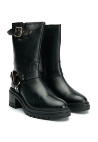 Black leather ankle boots with a rounded toe, chunky heel, buckle detail at the top, and a strap with hardware accents. Textured finish.