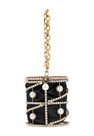 Fekete henger alakú estélyi táska nagy gyöngyökkel és kristályköves szálakkal, arany láncos fogantyúval és kristályokkal díszített kerettel.