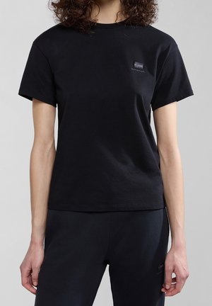 Black cotton T-shirt with short sleeves, crew neck, and a small embroidered logo on the left chest. Simple, straight-cut design.