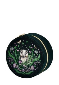 Round, green velvet case with gold zipper. Front features colorful embroidered badger surrounded by plants and flowers on a black background.