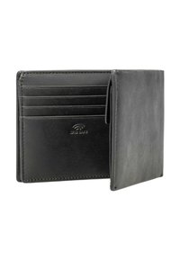 Czarny skórzany portfel z wieloma kieszonkami na karty i ochroną RFID. Prosty design z gładką fakturą i subtelnymi detalami przeszycia.