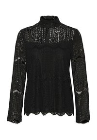 Black lace top with long sleeves, high neck, intricate patterns, scalloped hem, and transparent design creating a layered effect.