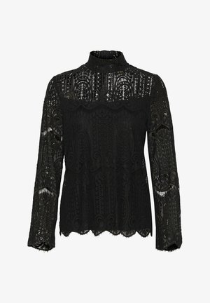 Haut en dentelle noire avec manches longues, col haut, motifs complexes, ourlet en dentelle festonnée et design transparent créant un effet superposé.