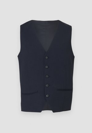 Mörkblå väst med V-halsdesign, sex framknappar och två sidofickor med en slät textur. Ingen krage eller synlig foder.