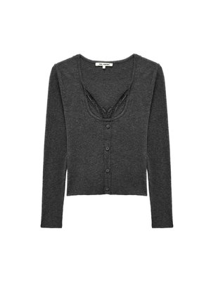 Dark gray long-sleeve buttoned cardigan with a lace-trimmed deep scoop neckline and fitted silhouette.