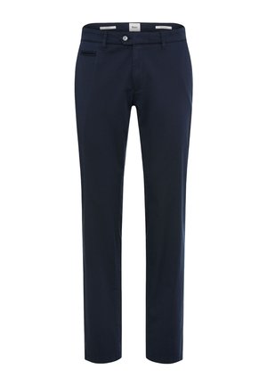 Marineblaue Herren-Hosen mit geradem Bein, Knopf- und Reißverschluss, Gürtelschlaufen sowie vorderen und hinteren Taschen.