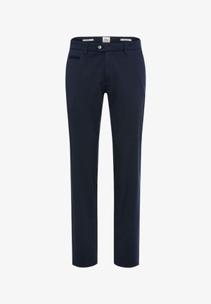 Marineblaue Herren-Hosen mit geradem Bein, Knopf- und Reißverschluss, Gürtelschlaufen sowie vorderen und hinteren Taschen.