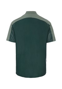 Chemise à manches courtes vert foncé et gris clair avec des panneaux en maille sur les manches, vue de dos.