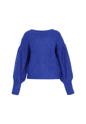 Modrý pletený svetr s kulatým výstřihem, oversized rukávy a ribovanou texturou. Má zkrácený střih a je vyrobený z měkké, silné příze.