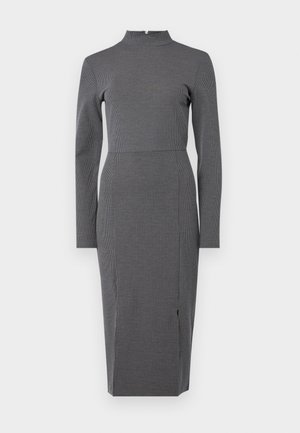 Grey, long-sleeve, high-neck dress with a fitted bodice and a slit at the hem, featuring a subtle pinstripe pattern.