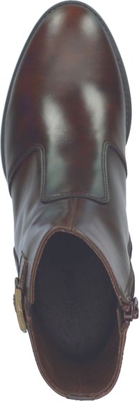 Braune Leder-Ankle-Boots mit glatter Oberfläche, elastischen seitlichen Einsätzen und einem dekorativen Metallakzent. Verfügt über eine runde Zehenpartie und ein gepolstertes Innenleben.