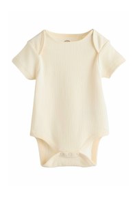 Kurzärmliger Baby-Body aus weichem, geripptem cremefarbenem Stoff; mit rundem Ausschnitt und Druckknopfverschluss im Schritt für ein einfaches Ankleiden.