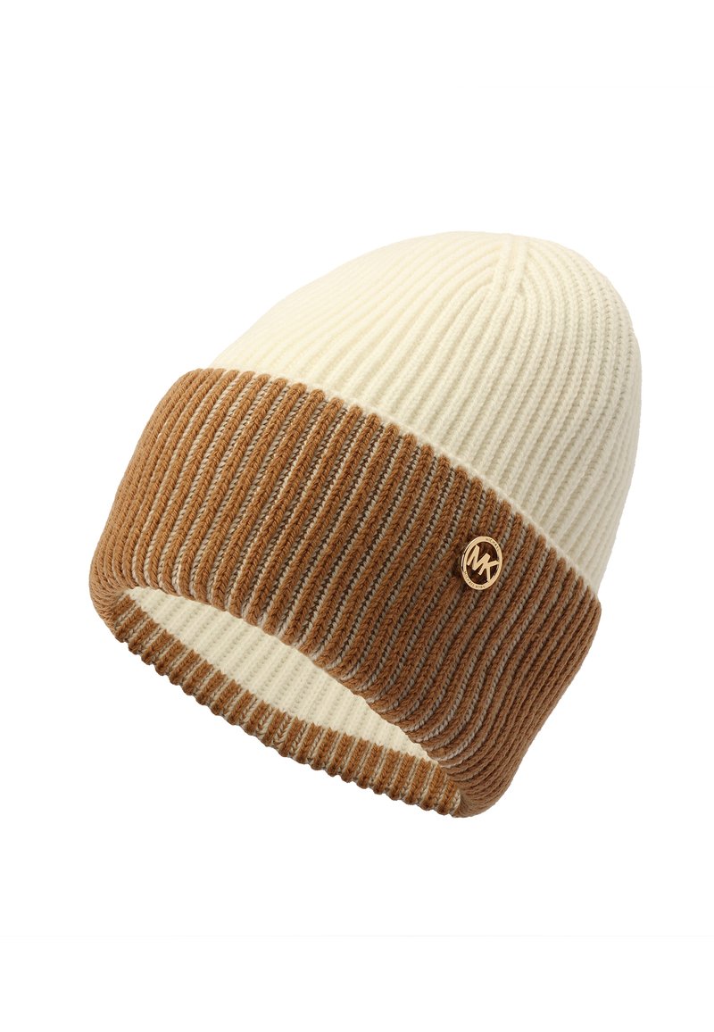 Brown and White Michael Kors Beanie Michael Michael Kors Women`s Bordered MK Logo Cuff Beanie  main image 4