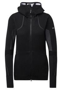 Sweat à capuche noir zippé avec tissu en maille texturée et panneaux en mesh. Présente une coupe ajustée, une capuche et des manches allongées avec des poignets côtelés.