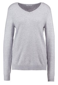 Szary dziany sweter z dekoltem w serek, długimi rękawami oraz ściągaczami na mankietach i u dołu. Miękka tekstura, minimalistyczny design i lekki materiał.