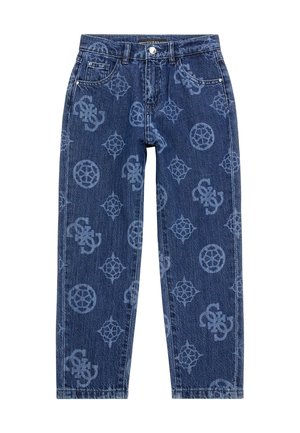 Jean en denim de couleur bleu foncé, avec des motifs de logo ton sur ton, une coupe classique à cinq poches, une jambe droite et une fermeture à bouton en métal.