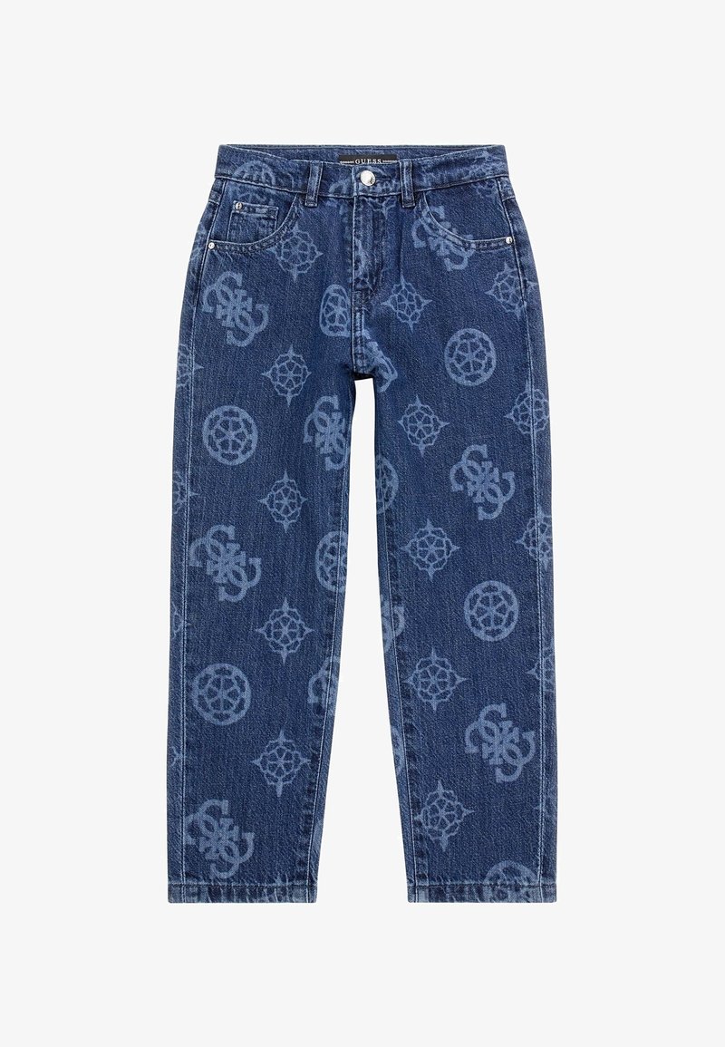 Jeansy dżinsowe w ciemnoniebieskim kolorze, z tonalnymi wzorami logo, klasycznym pięciokomorowym krojem, prostymi nogawkami i metalowym zapięciem na guziki.