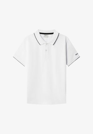 Polo bianca con allacciatura a tre bottoni, rifinitura nera sul collo e dettagli a contrasto sulle maniche. Presenta il logo Pepe Jeans sulla manica.