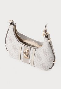 Gray patterned shoulder bag featuring a gold logo accent, zip closure, and a structured design. Smooth texture with contrasting straps.