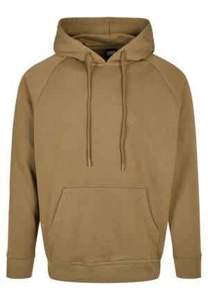 Khaki katoenen hoodie met een kangoeroezak, een trekkoord capuchon, ribgebreide manchetten en zoom; heeft een soepele textuur en een casual ontwerp.