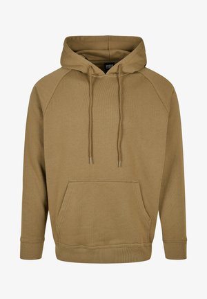 Kaki bomullshuvtröja med kenguruficka, dragsko i huvan, ribbade mudd och fåll; har en mjuk textur och avslappnad design.