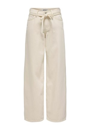 Kremne hlače širokih hlačnic z žepi spredaj, zankami za pas, zapiranjem na gumb in privezanim pasom iz tkanine v pasu.