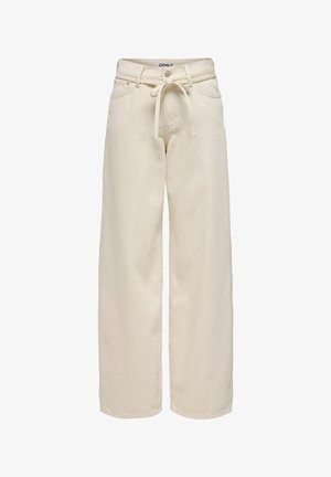 Pantalon crème à larges jambes avec poches avant, passants pour ceinture, fermeture à boutons et ceinture en tissu nouée à la taille.