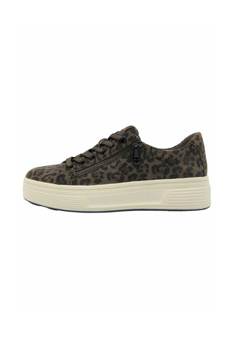 Sneaker con stampa leopardata, dotata di una parte superiore testurizzata, chiusura con lacci, cerniera laterale e una spessa suola piattaforma bianca.
