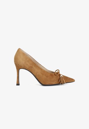 Pantofii cu toc înalt din suede maro, cu vârf ascuțit, un fundiță decorativă și un accent cu franjuri. Au un toc subțire și o căptușeală interioară netedă.