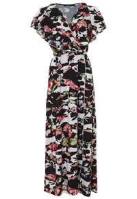 Robe portefeuille fleurie avec manches courtes volantées, fond noir et blanc, fleurs multicolores et taille élastique, style longueur cheville.