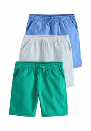 Drei Shorts in den Farben Grün, Weiß und Hellblau. Aus Baumwollmaterial, mit elastischem Bund und Kordelzug, seitliche Taschen bei jedem Paar.