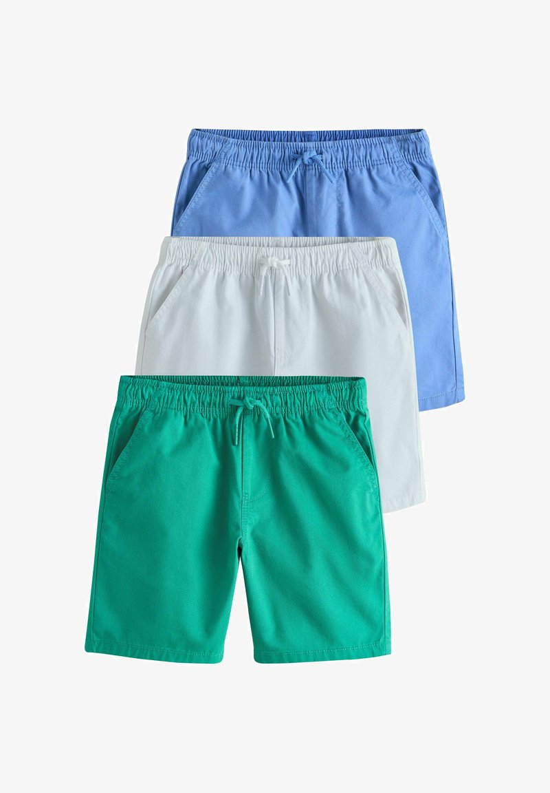 Drei Shorts in den Farben Grün, Weiß und Hellblau. Aus Baumwollmaterial, mit elastischem Bund und Kordelzug, seitliche Taschen bei jedem Paar.