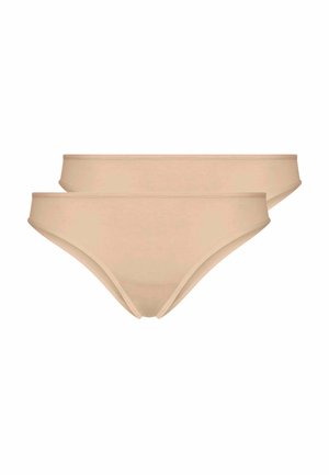 Due paia di biancheria intima stile bikini beige senza cuciture mostrati su sfondo bianco.