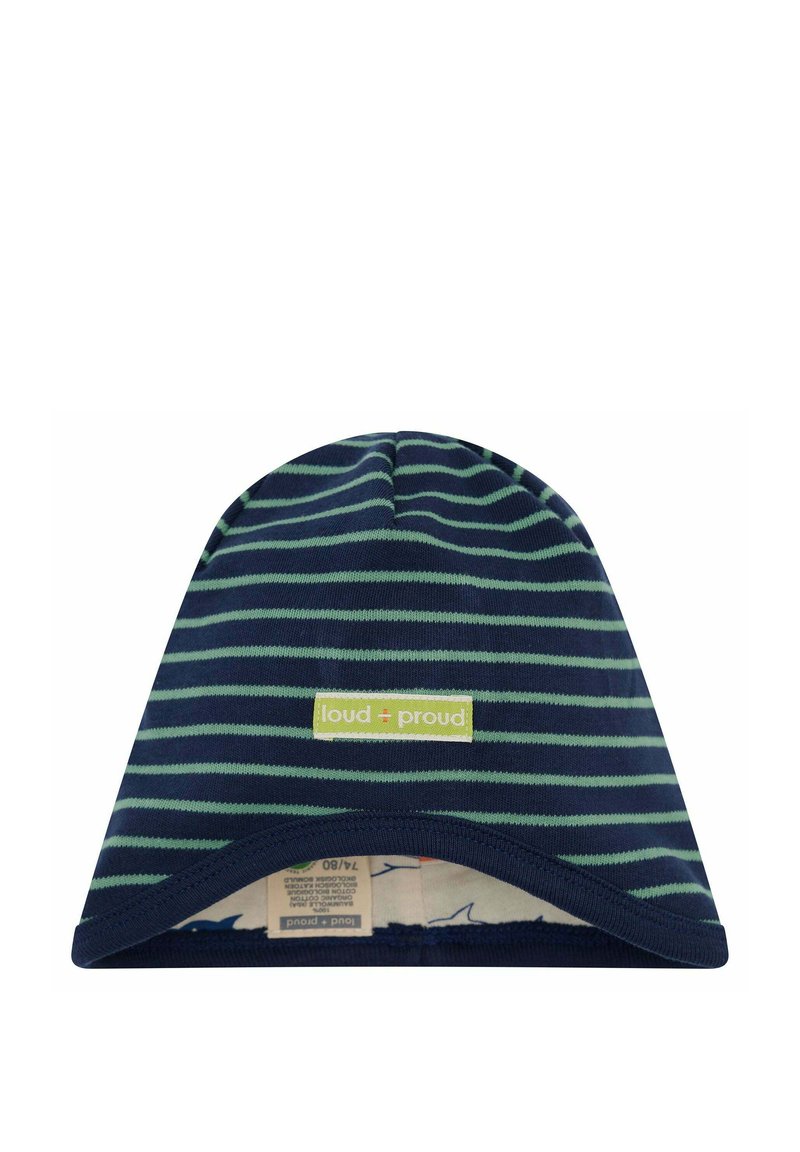 Cappello a berretto a righe in blu navy e verde, realizzato in tessuto morbido. Presenta un piccolo patch con logo e un orlo piegato per un tocco di dettaglio.