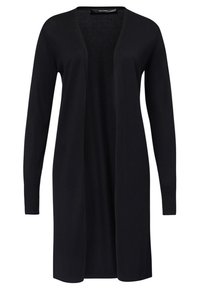 Musta pitkähihaine avoin neulejakku, jossa on polvipituinen helma ja yksinkertainen, sileä neulontakuvio.