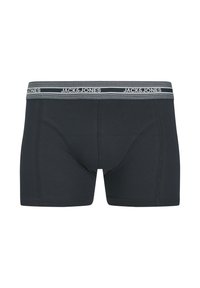 Shorts en coton gris foncé avec une ceinture à rayures noires et blanches arborant le logo "JACK & JONES" sur le devant.