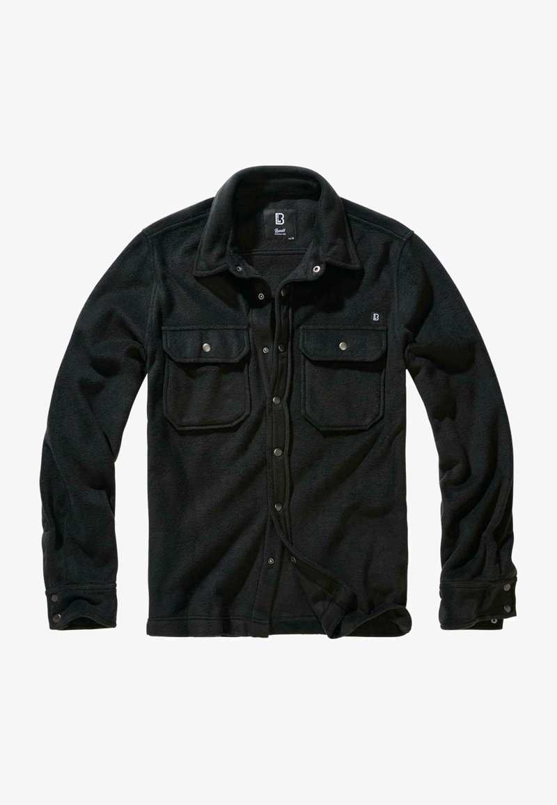 Svart fleece skjortejakke med knappestolpe foran, to brystlommer, trykknapper og spiss krave. Myk tekstur og avslappet passform.